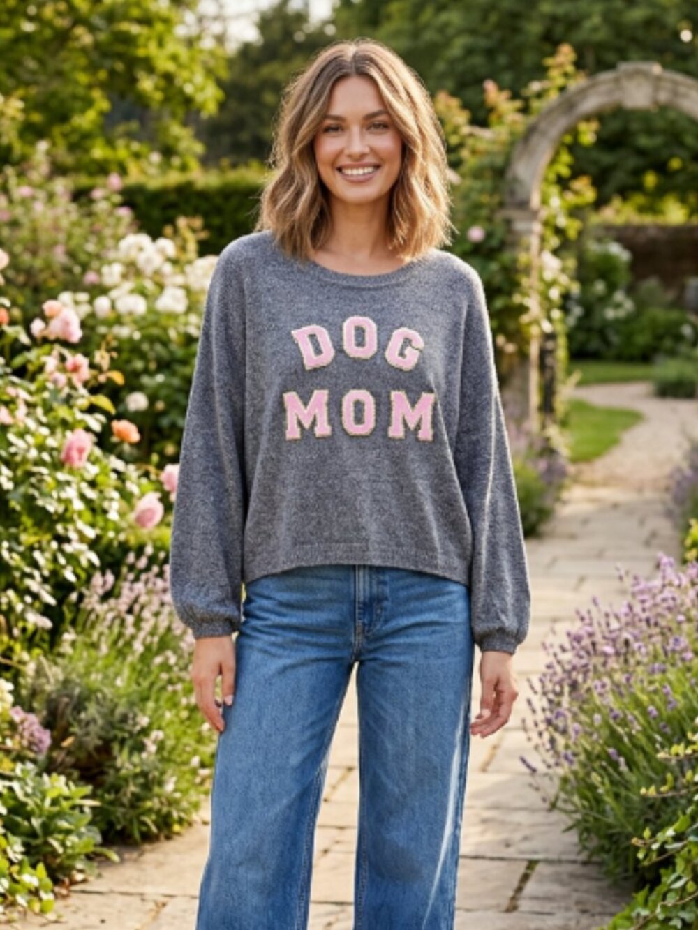 Judith March Dog Mom Chenille Varsity Letter Gray Sweater